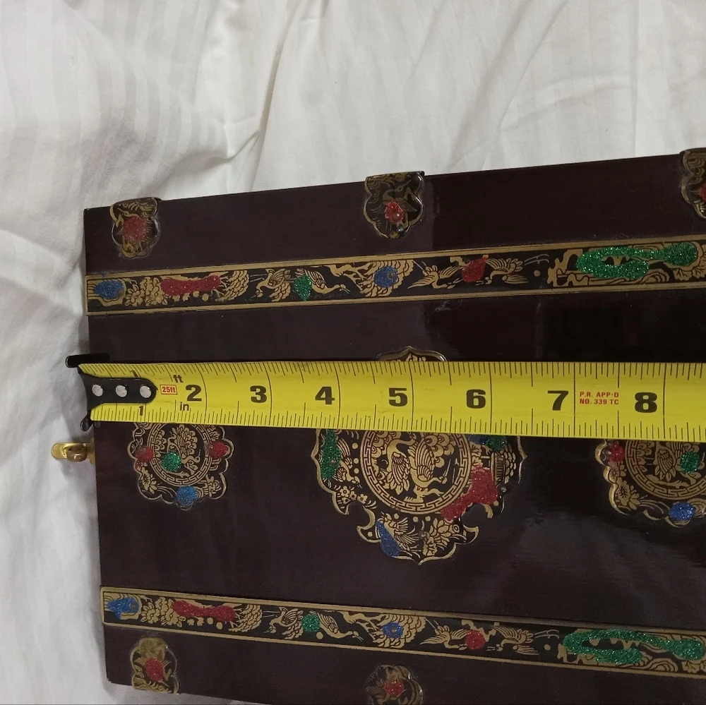 Vintage Asian Style Wooden Jewelry Box with Beveled Mirror